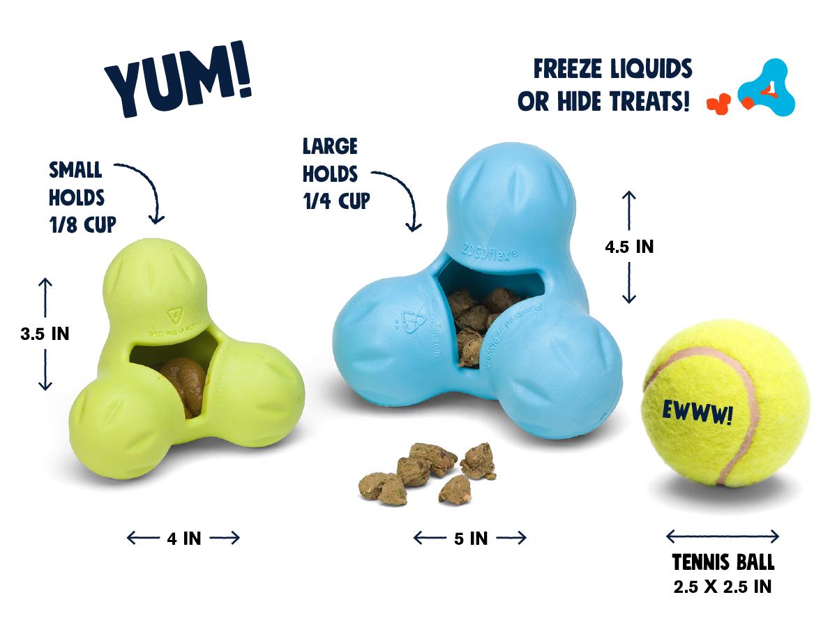 Lime and blue treat toys next to kibble and a tennis ball for size