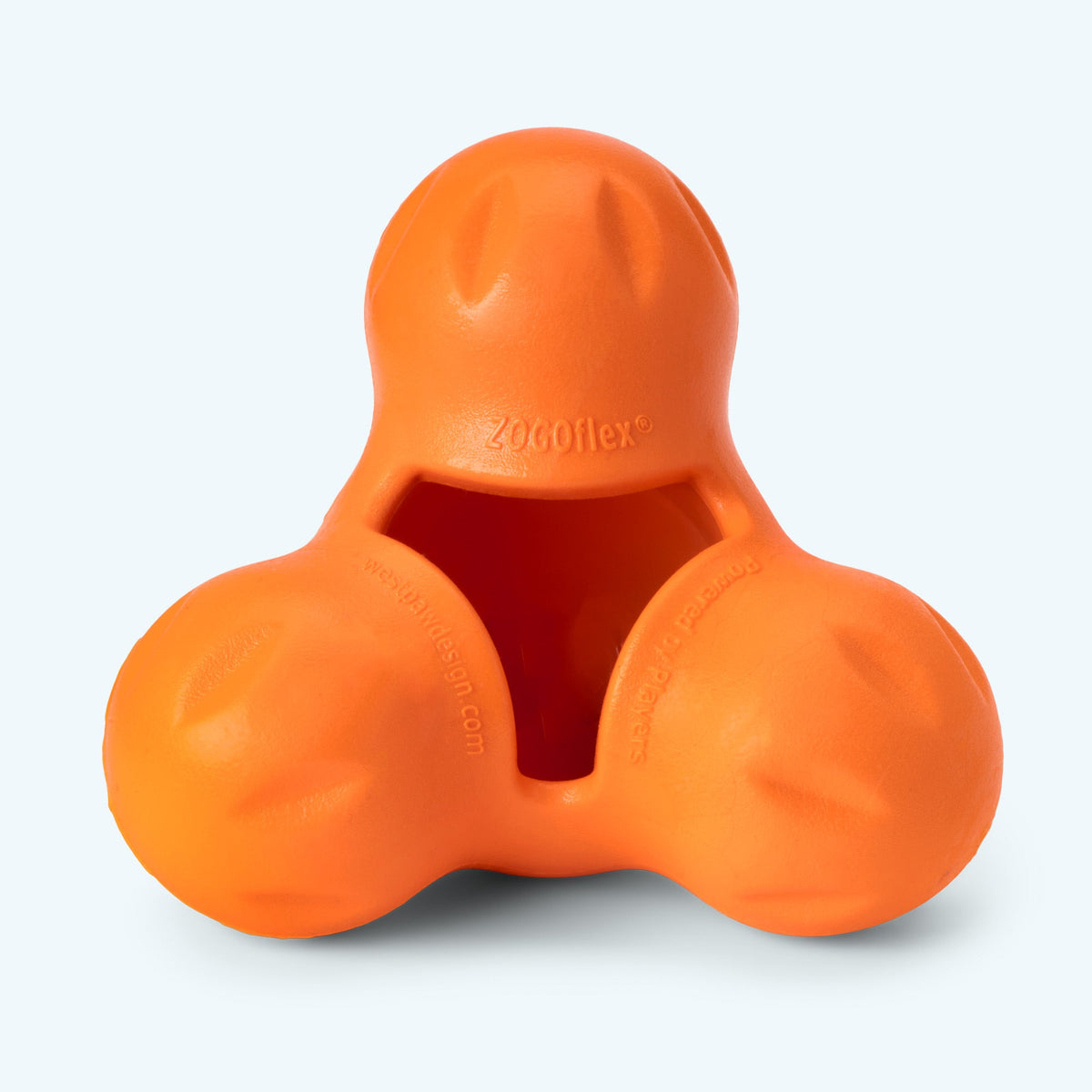 Orange three-lobed rubber treat toy, empty