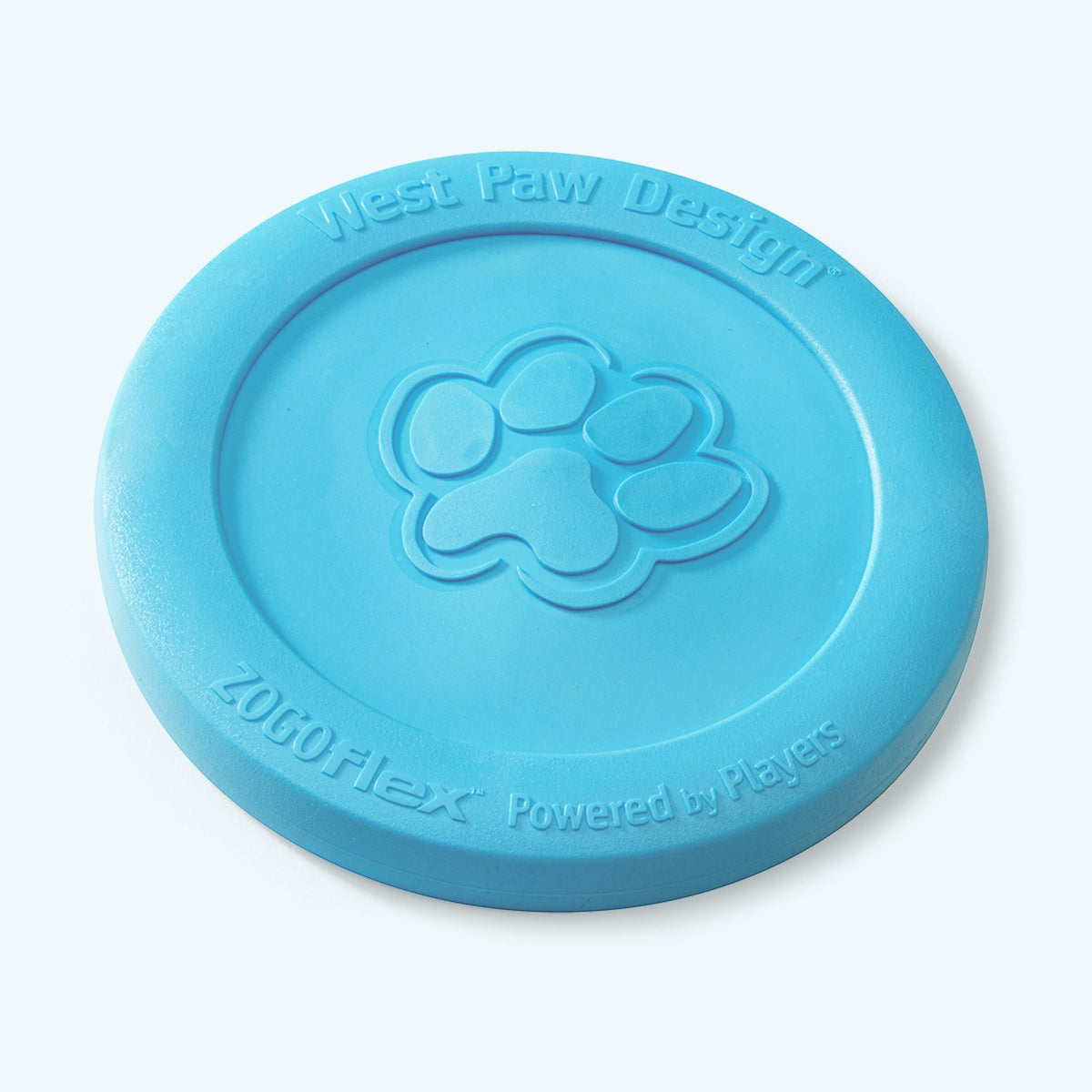 Blue rubber flying disc dog toy, angled view