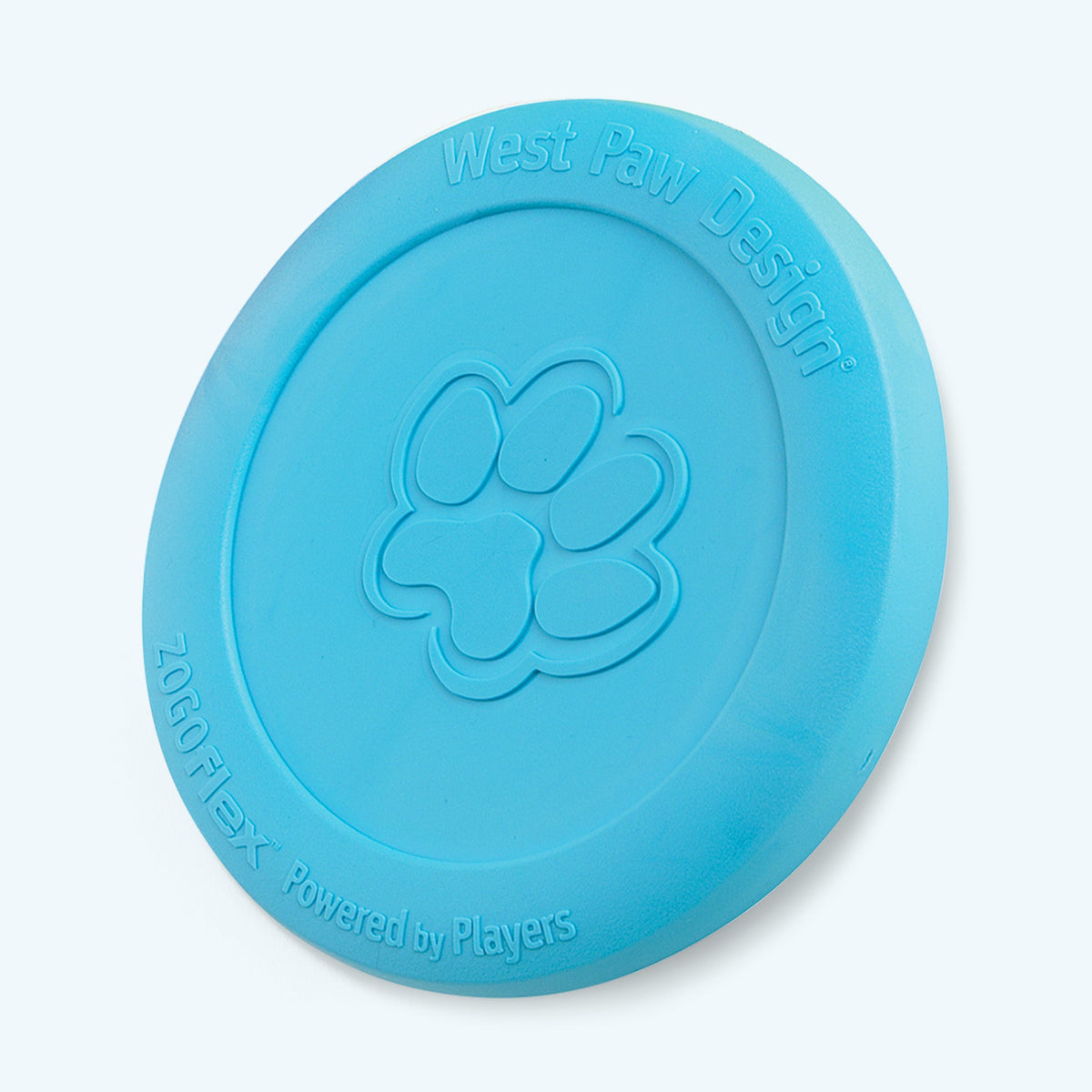 Blue rubber flying disc dog toy with a paw print