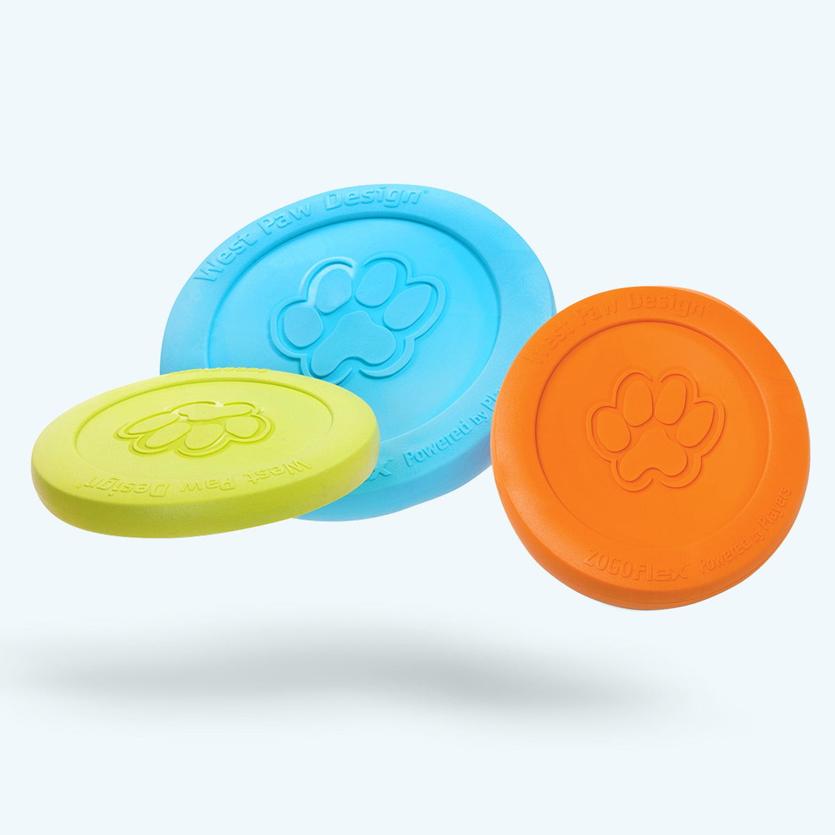 Lime, blue and orange flying disc dog toys