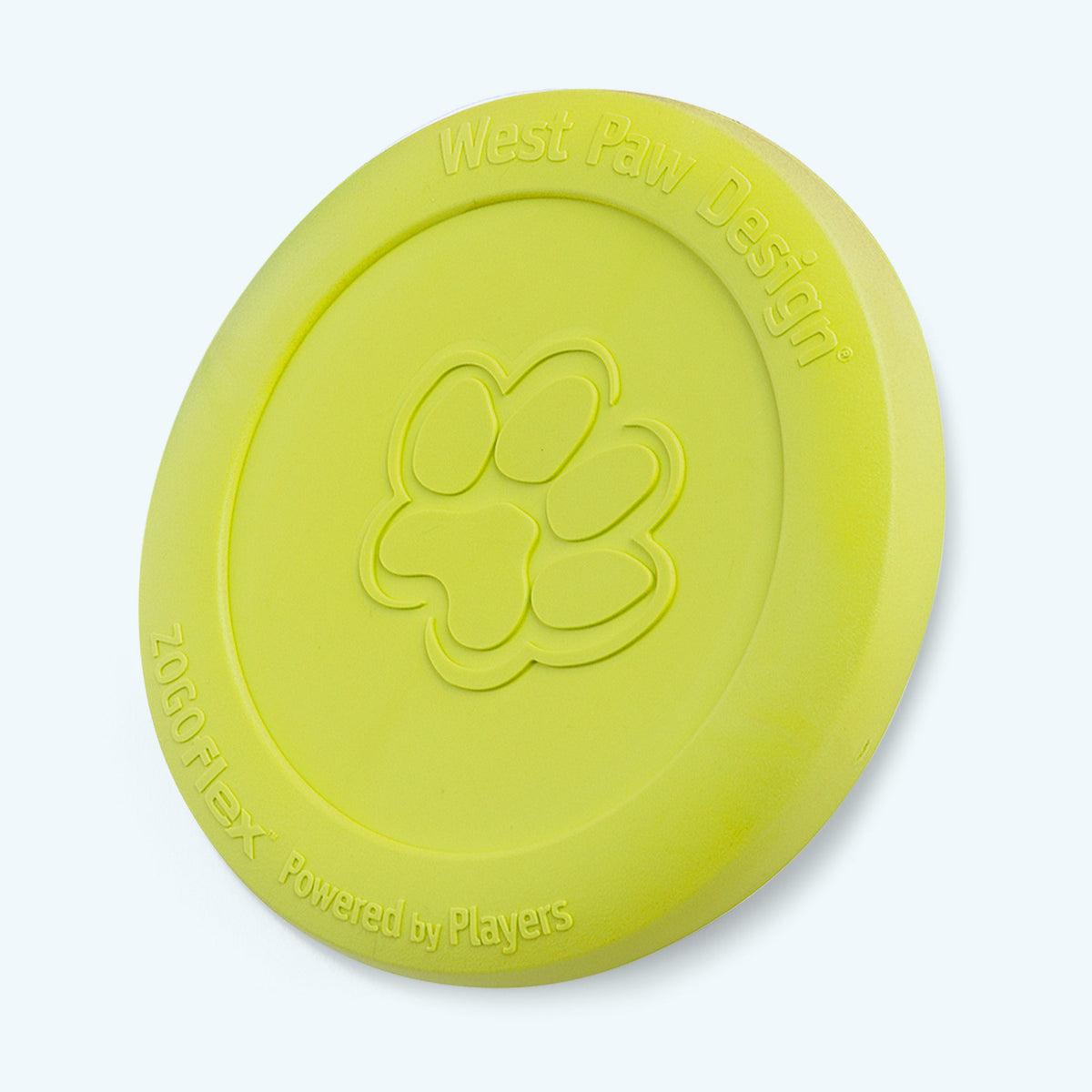 Lime green rubber flying disc dog toy, angled view