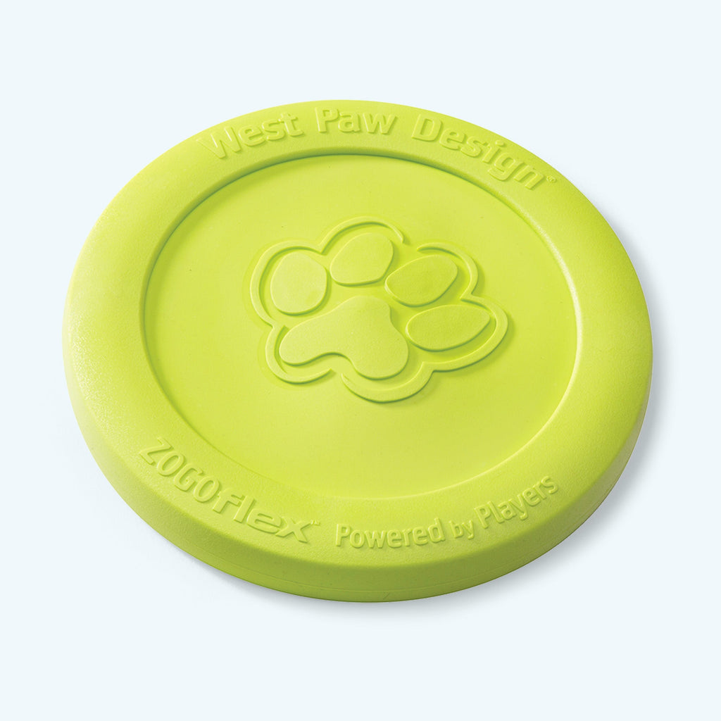 Lime green rubber flying disc dog toy with a paw print
