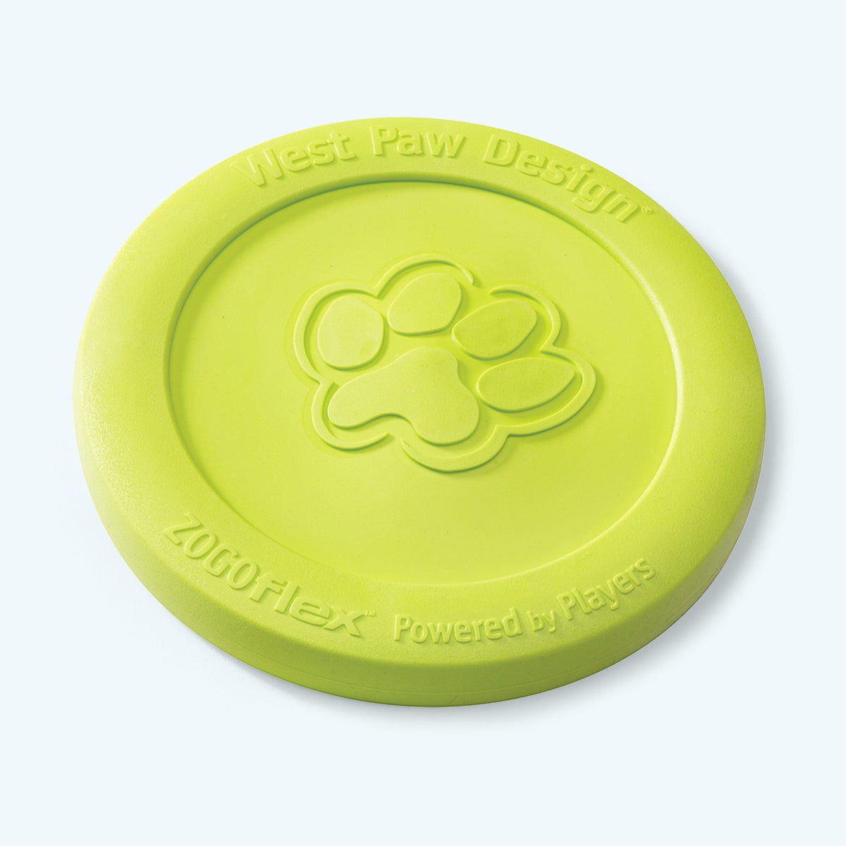 Lime green rubber flying disc dog toy with a paw print