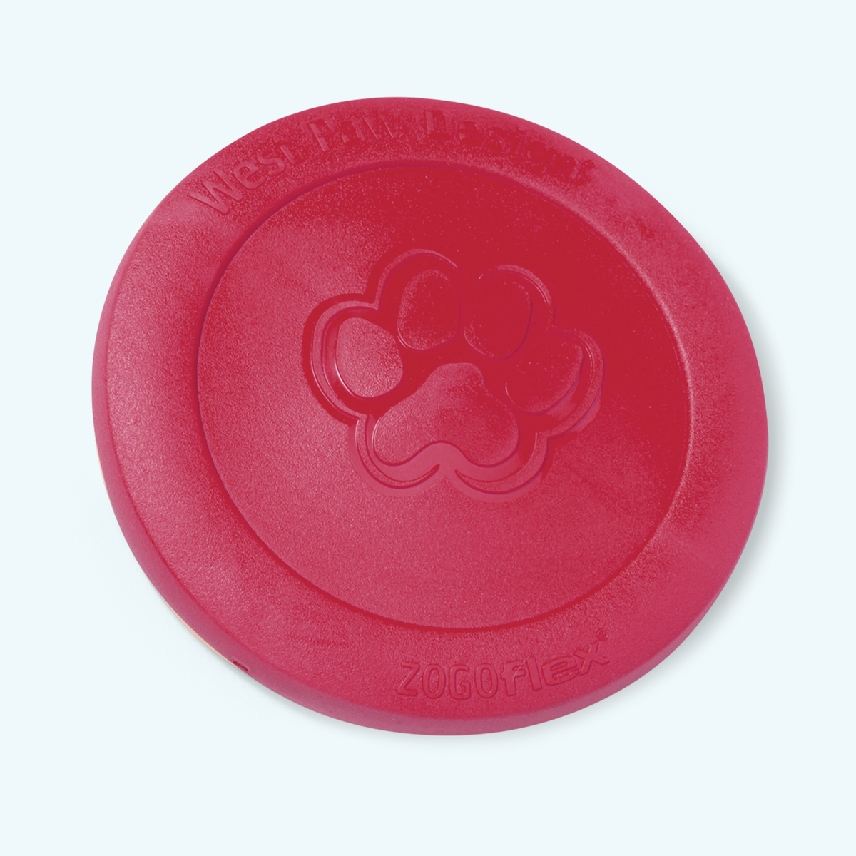 Red rubber flying disc dog toy with a paw print