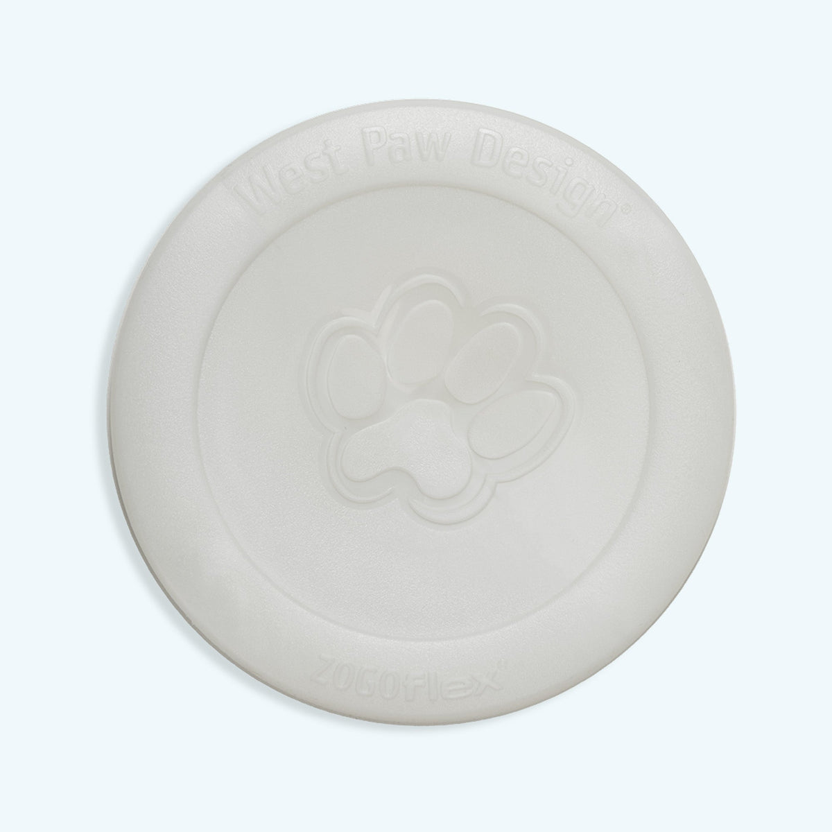 White rubber flying disc dog toy with a paw print